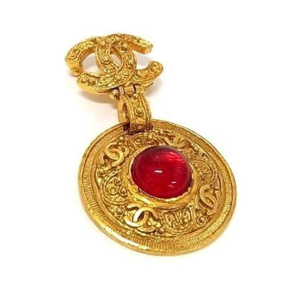 CHANEL Brooch, Coco Mark, Swing Gold and Red Metal, Enamel, Rhinestone, Women...